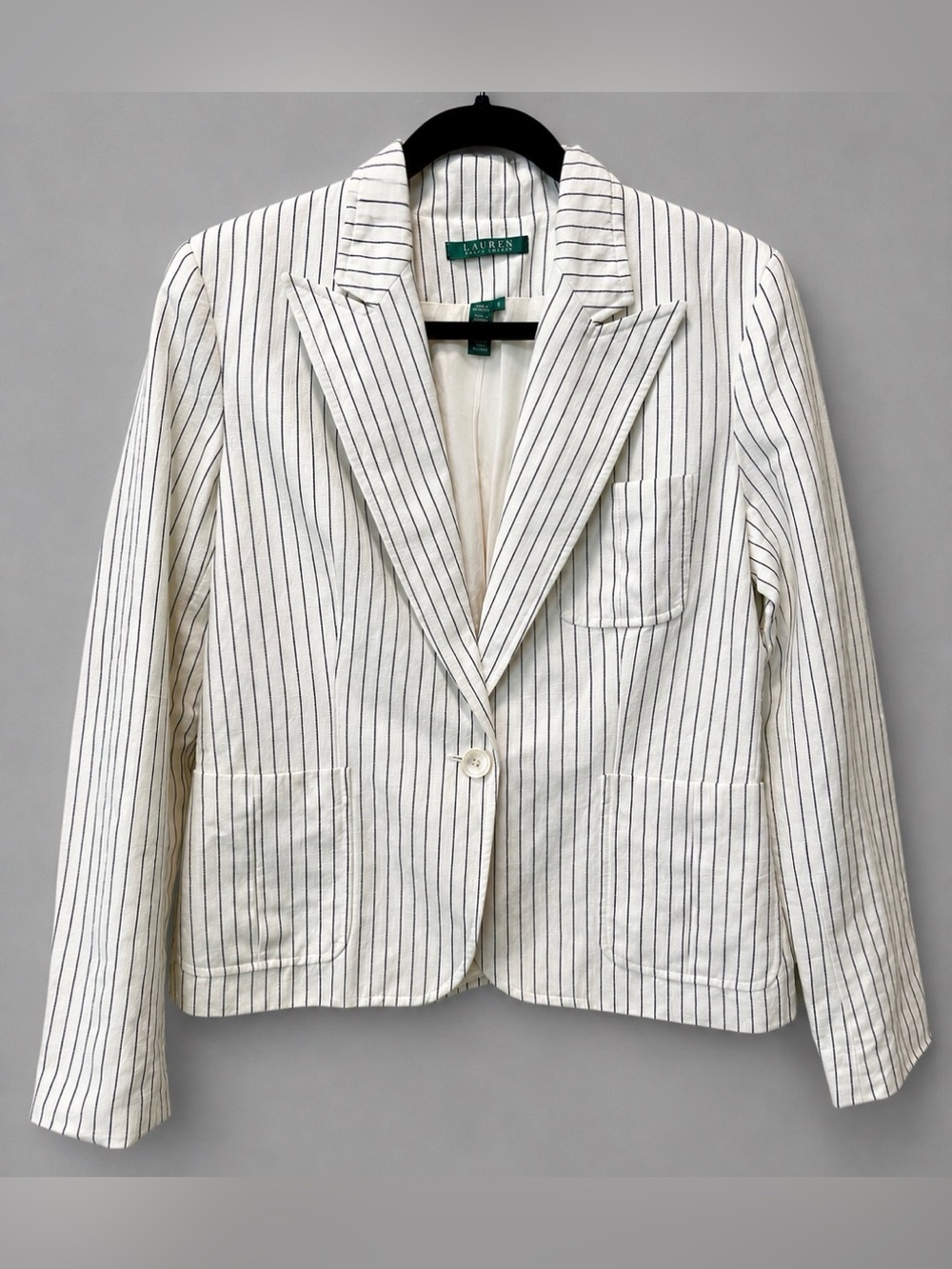 Lauren Ralph Lauren White Navy Pinstripe Linen Blend Blazer Size 8